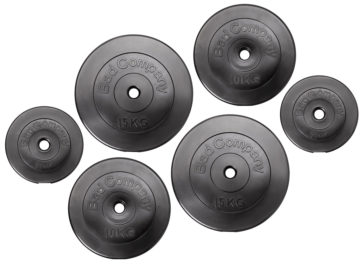 Bad Company weight plates 30/31 mm plastic 60kg I weight set 2 x 5 kg + 2 x 10 kg + 2 x 15 kg I weights for barbell and dumbbell.