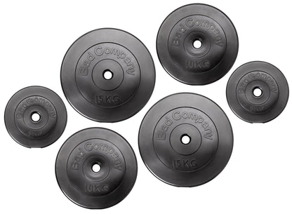 Bad Company weight plates 30/31 mm plastic 60kg I weight set 2 x 5 kg + 2 x 10 kg + 2 x 15 kg I weights for barbell and dumbbell.
