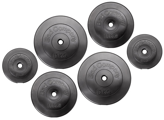Bad Company weight plates 30/31 mm plastic 60kg I weight set 2 x 5 kg + 2 x 10 kg + 2 x 15 kg I weights for barbell and dumbbell.
