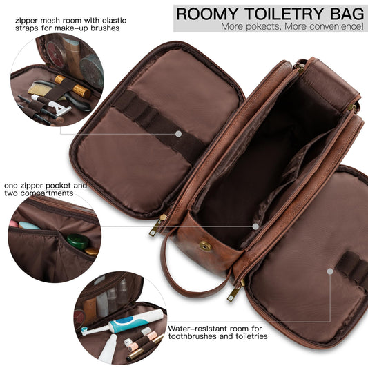 Elviros men's toiletry bag, PU leather waterproof travel large opening toiletry bag, suitable for travel, business trip, fitness, bathroom, dark brown, size: L