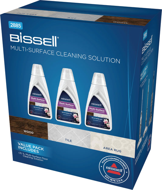 BISSELL Multi Surface Cleaning Solutions Pack, Stain Remover for Hardwood Floors, Laminate, and Carpets, 3 x 1 Liter, For CrossWave, SpinWave, and HydroWave, 2885