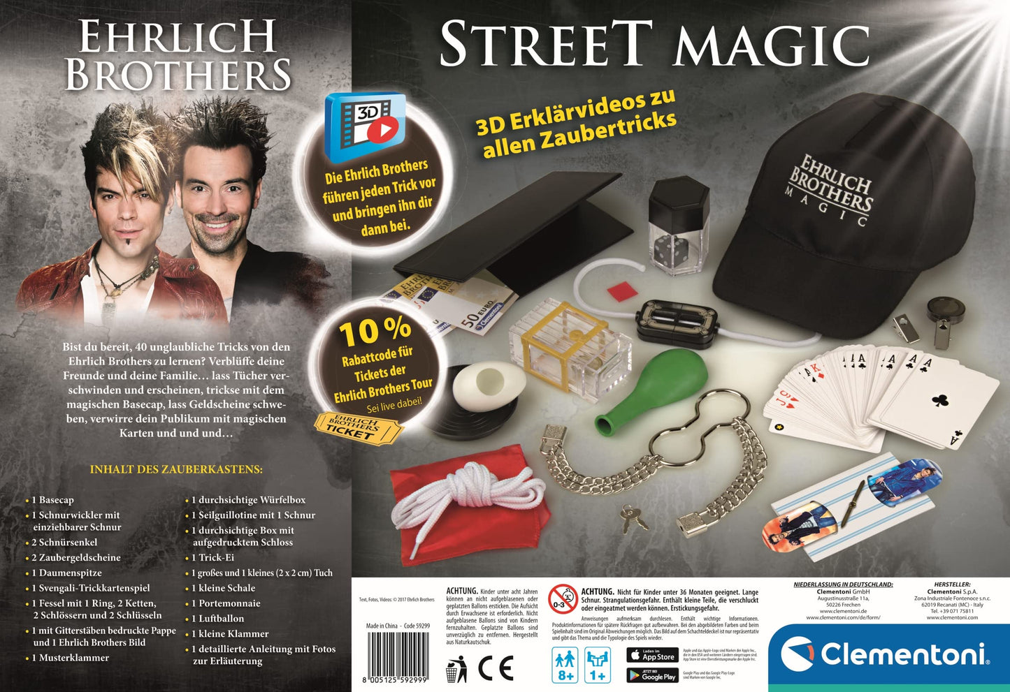 Clementoni Ehrlich Brothers Street Magic - Magic kit for kids aged 8 and up - includes equipment for 40 stunning tricks and 3D tutorial videos 59299