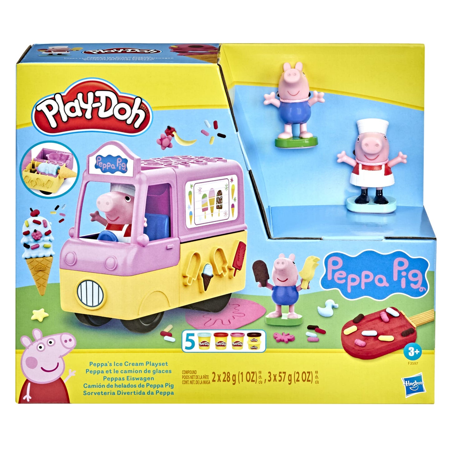 Play-Doh Peppa's Ice Cream Truck Craft Set includes 3 x 56g cans and 2 x 28g cans of modeling compound, Peppa and George figures, and various accessories and molds. Creative fun for kids ages 3 and up.