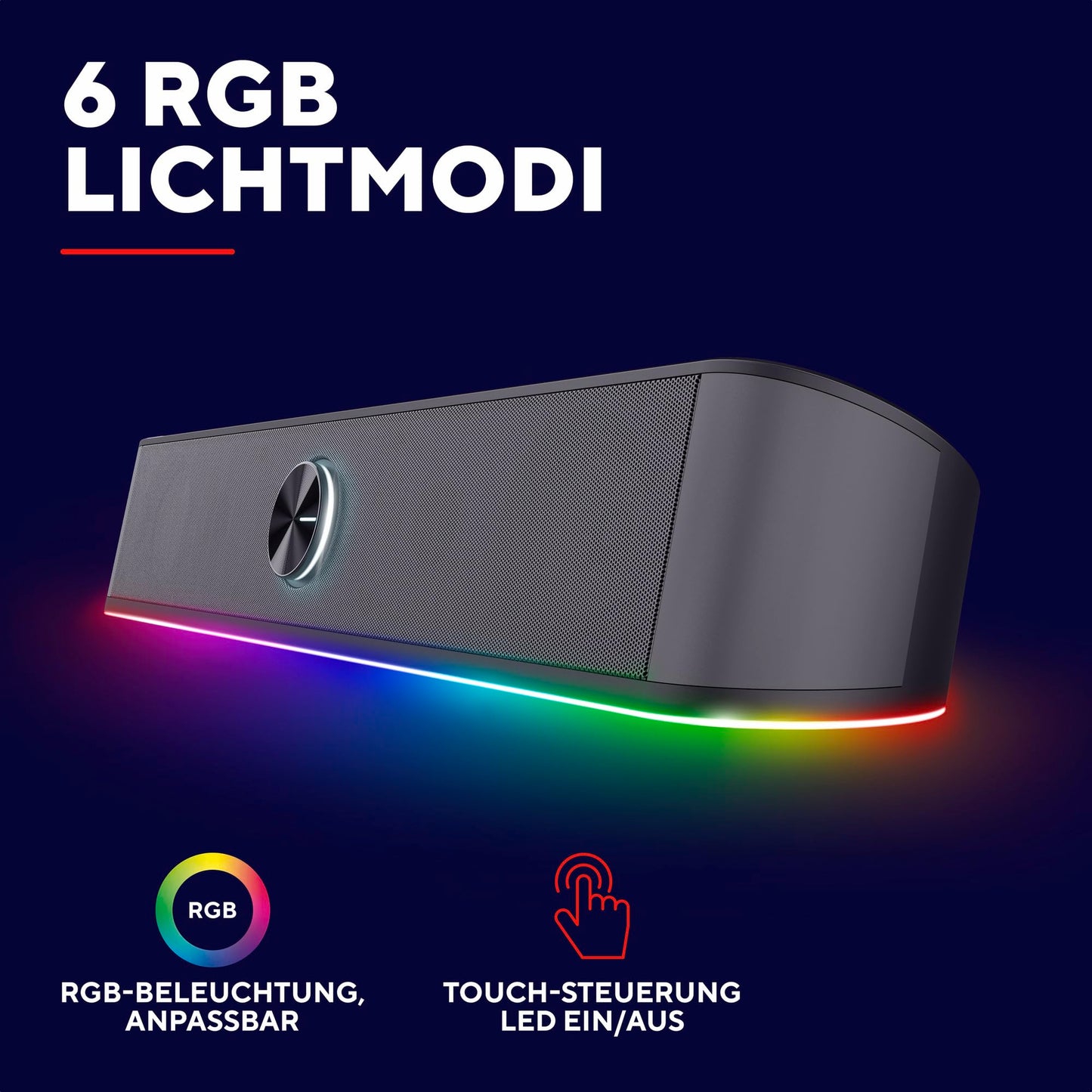 Trust Gaming GXT 1619 Rhox PC Soundbar with RGB lighting 12W (6W RMS), stereo computer speakers, USB-powered, 3.5mm AUX connection, small PC speakers for desktop, TV, laptop - Gray