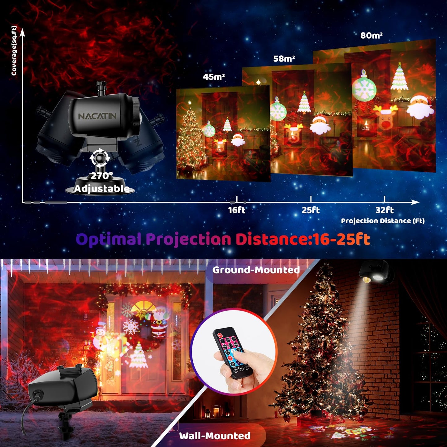 NACATIN Christmas Projector, 2-in-1 LED projector with 12 interchangeable slides (96 patterns) & 10 water waves, waterproof with remote control for indoor and outdoor Christmas decorations, parties