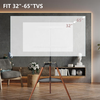 ETHU Tripod TV Stand Wooden TV Easel for 32-65 inch TVs, Height Adjustable TV Floor Stand with Media Shelf for LED/LCD Screens, TV Stand with 140° Swivel Function VESA 600x400mm
