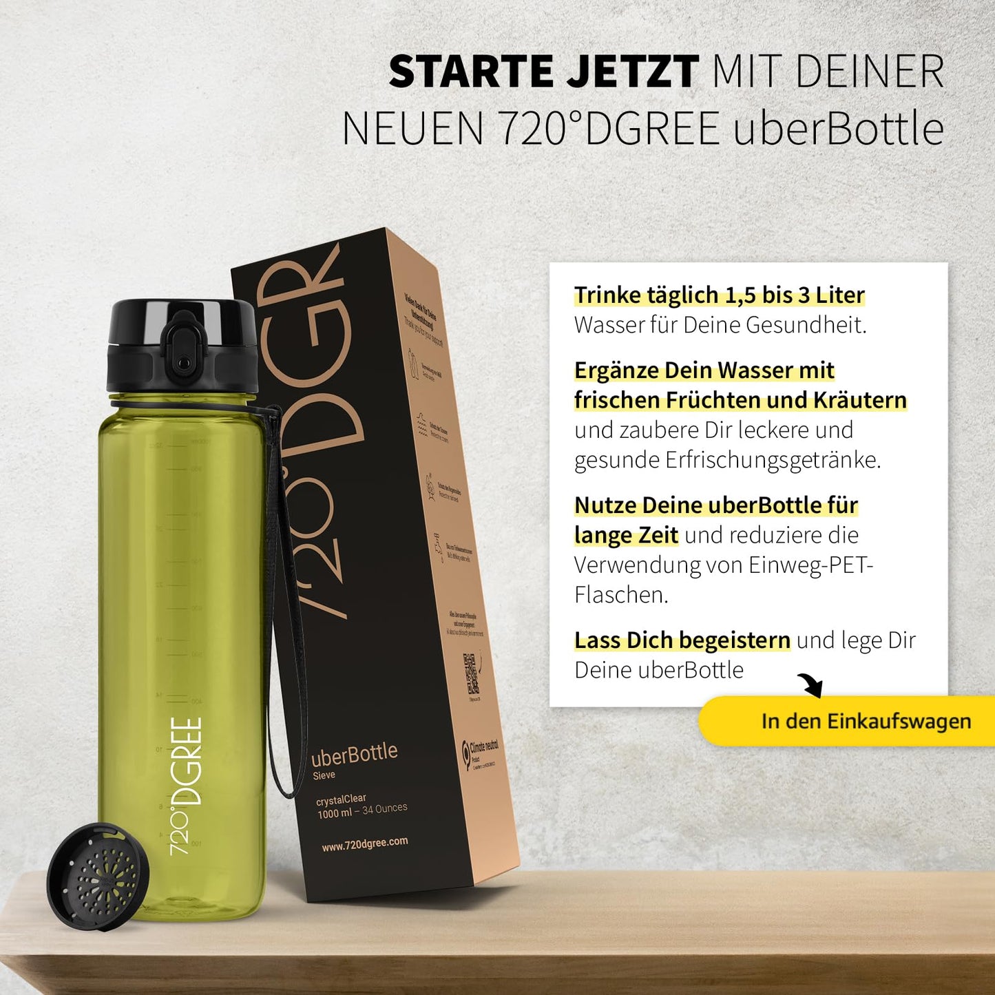 720°DGREE water bottle 650ml "uberBottle" crystalClear +infuser - BPA-free - Leak-proof bottle for kids, school, university, sports, gym, fitness - Tritan sports bottle - Lightweight, shockproof.