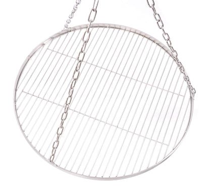 60 cm stainless steel grill grate for tripod BBQ grill with chain and 14 mm rod spacing.