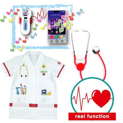 Theo Klein 4340 Doctor's Kit Deluxe I Includes doctor's costume with cap and face mask, metal stethoscope, smartphone with sound, pulse meter, and various accessories I Toy for children aged 3 years and older