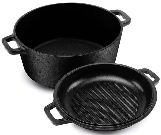 KICHLY 2 in 1 Cast Iron Pot with Dual Purpose Grill Pan Lid - Pre-Seasoned Cast Iron Dutch Oven - Baking Bread, Cooking, Frying, Stewing & Grilling - Indoor and Outdoor use.