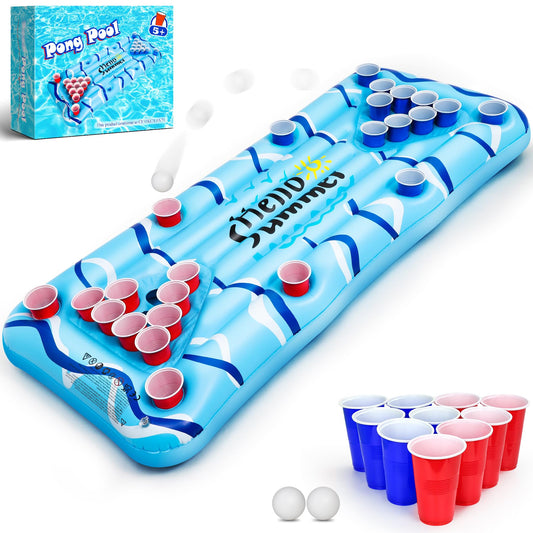 Popolic Pool Pong Game Inflatable Pong Table Air Mattress 175 x 75 cm Pool Mat Including 24 Plastic Cups and 2 Ping-Pong Balls Cool Summer Party Game