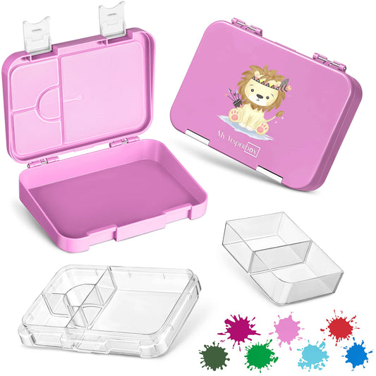 My Vesperbox - Len - Bento Box for Kids - Lunchbox with 4+2 compartments - extremely durable - sandwich box - ideal for kindergarten and school... (Pink - Native American lion with arrows)