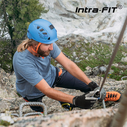 Intra-FIT climbing gloves with synthetic leather construction provide abrasion protection for rappelling, mountaineering, adventure, outdoor sports, and rescue.