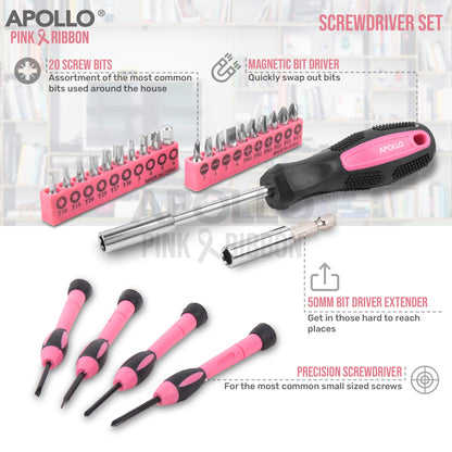 Apollo Pink Women's Tool Kit Small, 39-piece tool set for the household, tool kit set with tools in pink, including hammer and screwdriver set - Ideal gift for women.