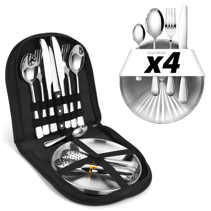 [23-piece 4 person] Camping Dinnerware Set - Cutlery set with stainless steel forks, knives, and spoons. Includes cutlery pouch - Portable utensils for outdoor, picnics, and BBQ. (Includes 4 teaspoons)