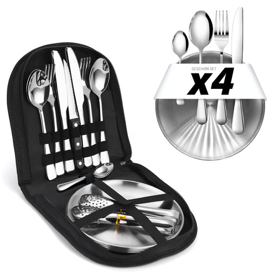 [23-piece 4 person] Camping Dinnerware Set - Cutlery set with stainless steel forks, knives, and spoons. Includes cutlery pouch - Portable utensils for outdoor, picnics, and BBQ. (Includes 4 teaspoons)