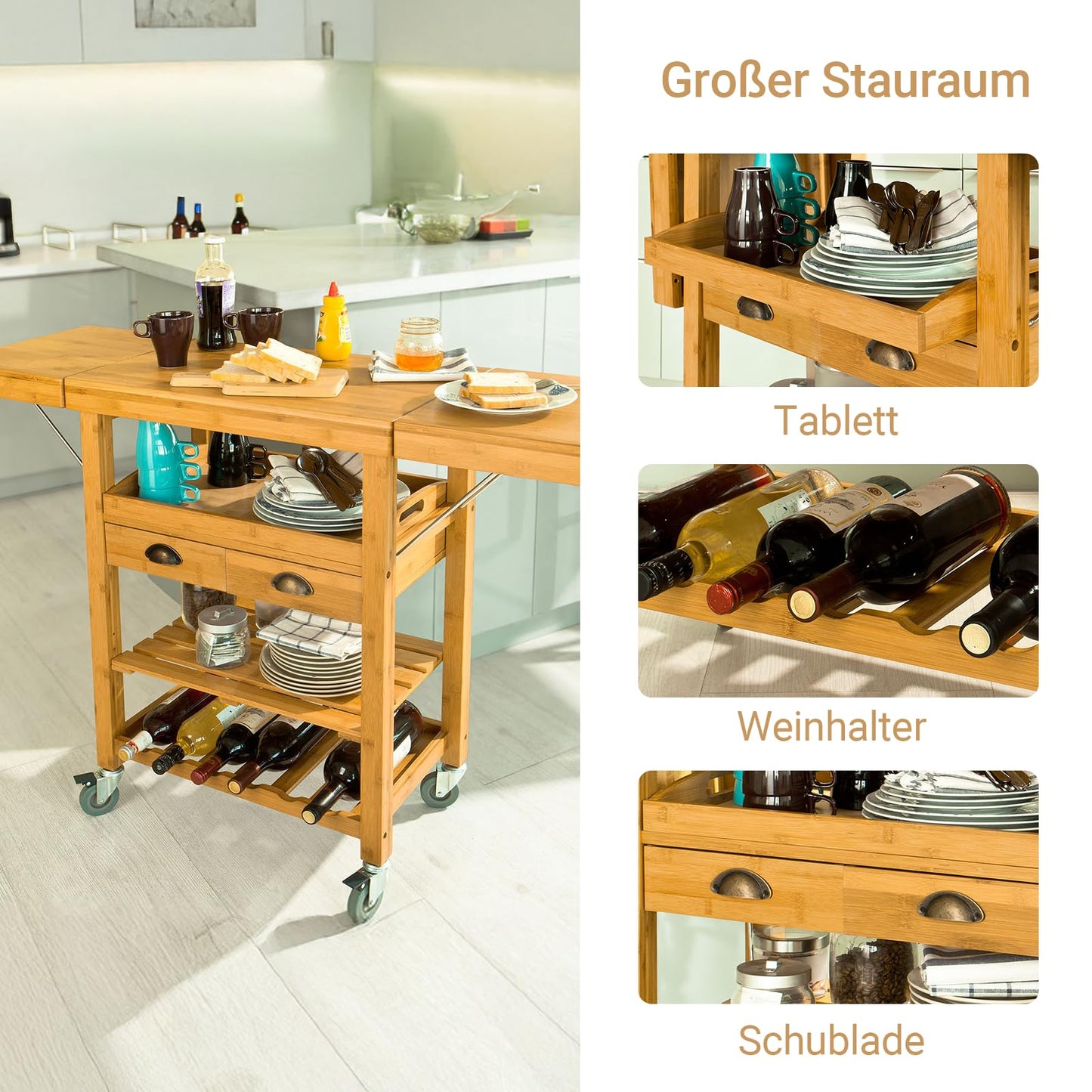 SoBuy bamboo kitchen trolley with wheels - kitchen cart with worktop, wooden side table with foldable shelf, kitchen trolley - ideal as a kitchen island in industrial design 135x92x37cm FKW25-N.