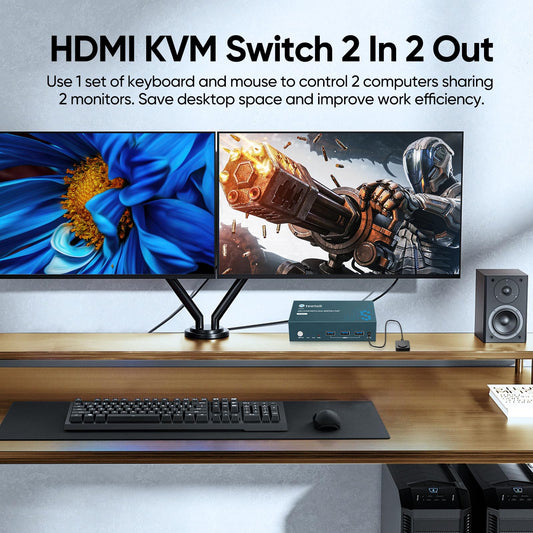 Steetek HDMI KVM Switch 2 PC 2 Monitors, 4K@60Hz KVM Switch for sharing two computers keyboard, mouse, and two monitors, 2 PC 2 Monitor Switch with 2 USB cables and desktop controller, EDID.