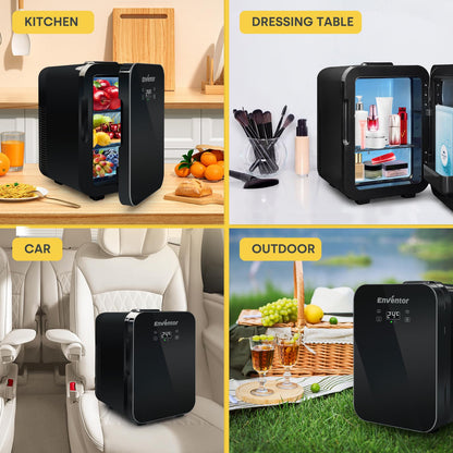 Enventor Mini Fridge 10 Liter, Cooler and Warmer, 220V AC + 12V DC, Portable Mini Fridge with LCD Temperature Display for Car, Travel, Cosmetics, Drinks, Food (Black)
