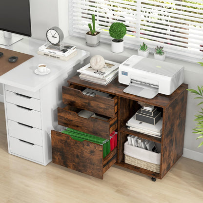 COSTWAY rolling cabinet with 3 drawers, file cabinet with wheels and open compartments, printer stand, office cabinet for documents in DIN A4, letter format, legal format (Rustic Brown)