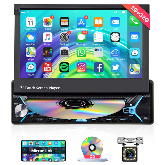 2GB+32GB Android car stereo 1 Din with GPS navigation DVD CD 7 inch Automatic retractable touchscreen DVD car stereo with Bluetooth Mirror Link AM/FM Radio WiFi/USB/AUX/EQ/DAB Radio with rear camera microphone