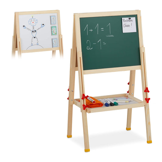 Relaxdays Kids Easel, adjustable height & magnetic, wood, whiteboard & chalkboard, 81-104 x 45 x 42 cm, natural