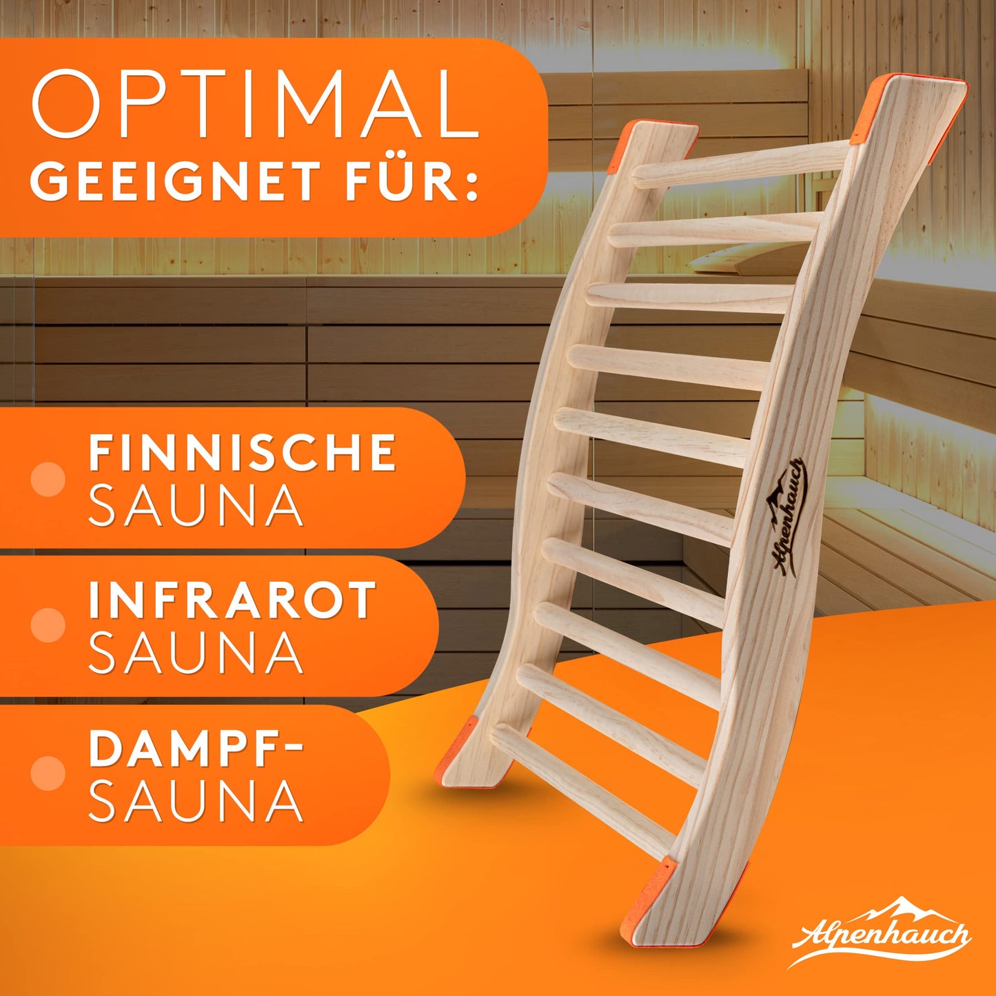 ALPENHAUCH Sauna backrest made of 100% natural wood [1 piece] - Ergonomic backrest with curved S-shape - Elegant sauna accessory infrared cabin - Comfortable backrest infrared cabin