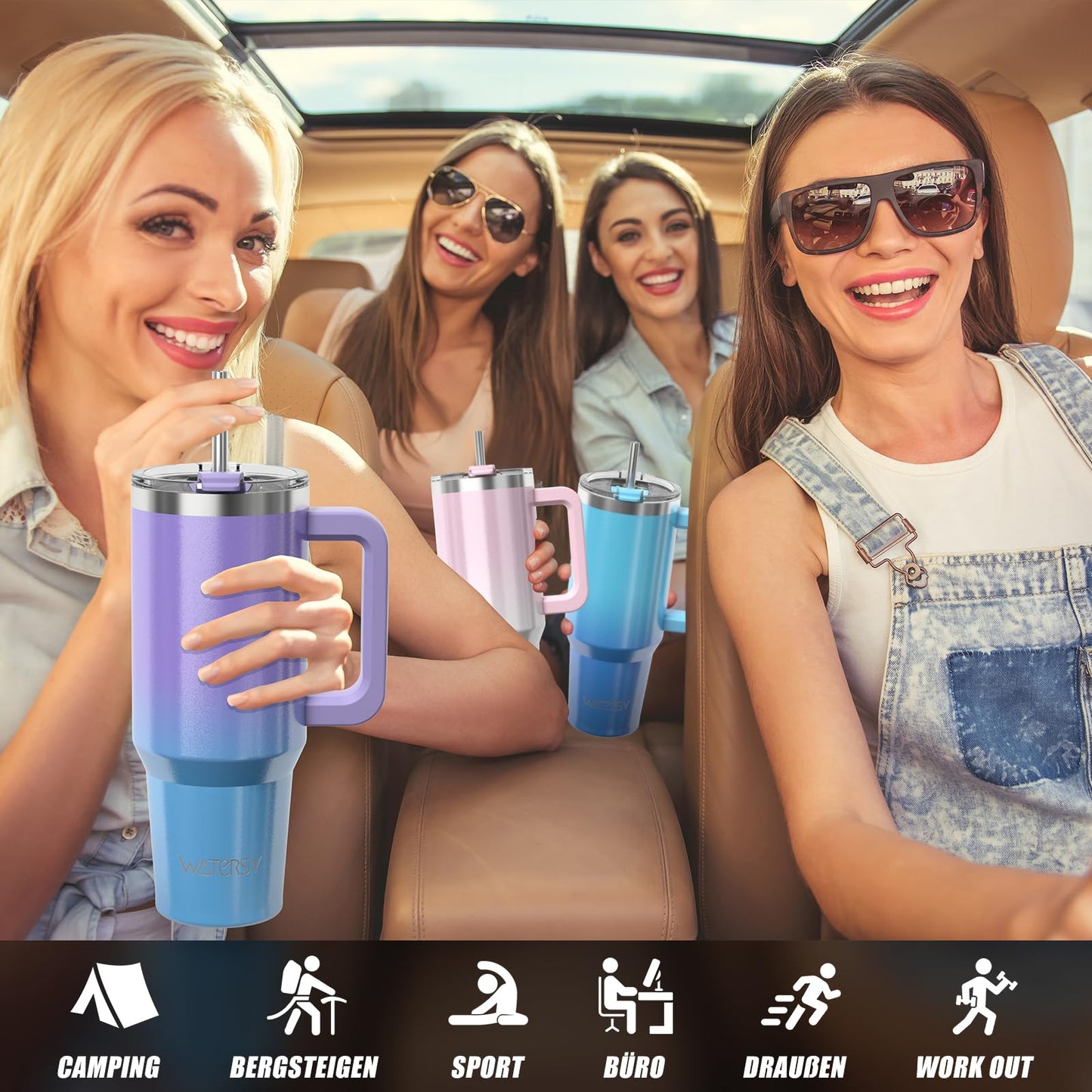 WATERSY 30oz Coffee Cup to Go, Double-Walled Stainless Steel Vacuum Insulated Leak-Proof Travel Mug with Handle and Straw, Thermo Tumbler Deux Shiny Blue