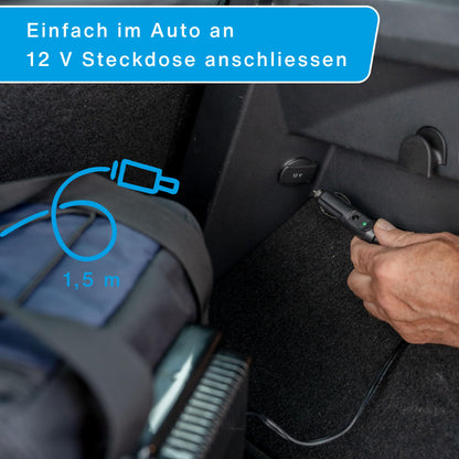 Cartrend cooler bag 30 L, with 12V car connection cable 1.50 m long, Adjustable shoulder strap, large front pocket with zipper and 2 side nets, Easy-care interior coating.