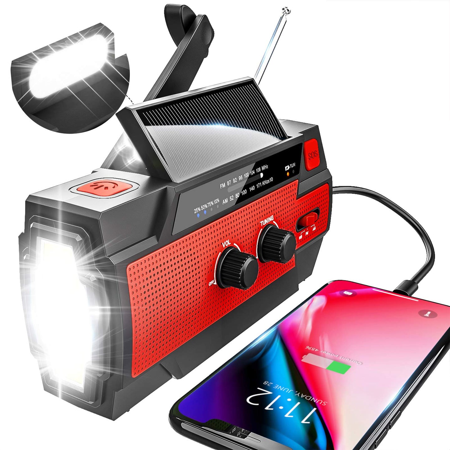 YIKANWEN Solar Radio, AM/FM Crank Radio Portable USB Emergency Radio with 4000mAh Rechargeable Battery and Hand Crank Dynamo for Camping, Travel (Red)