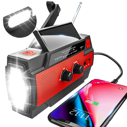 YIKANWEN Solar Radio, AM/FM Crank Radio Portable USB Emergency Radio with 4000mAh Rechargeable Battery and Hand Crank Dynamo for Camping, Travel (Red)