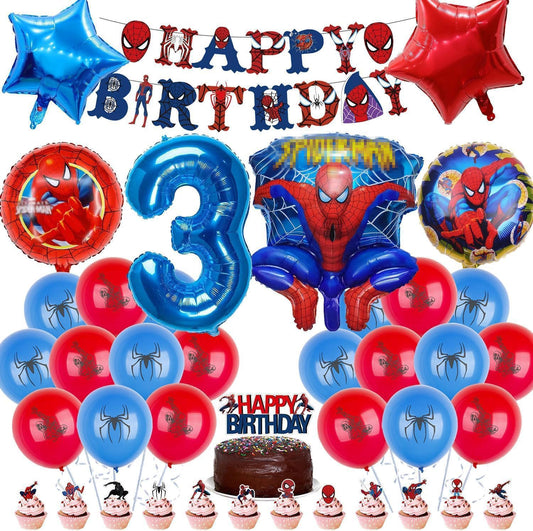 Spiderman kids birthday party decor, 30 helium balloons for birthday. Includes huge 3D Spiderman hero balloons and number balloons. Birthday decor for kids 3 years old.