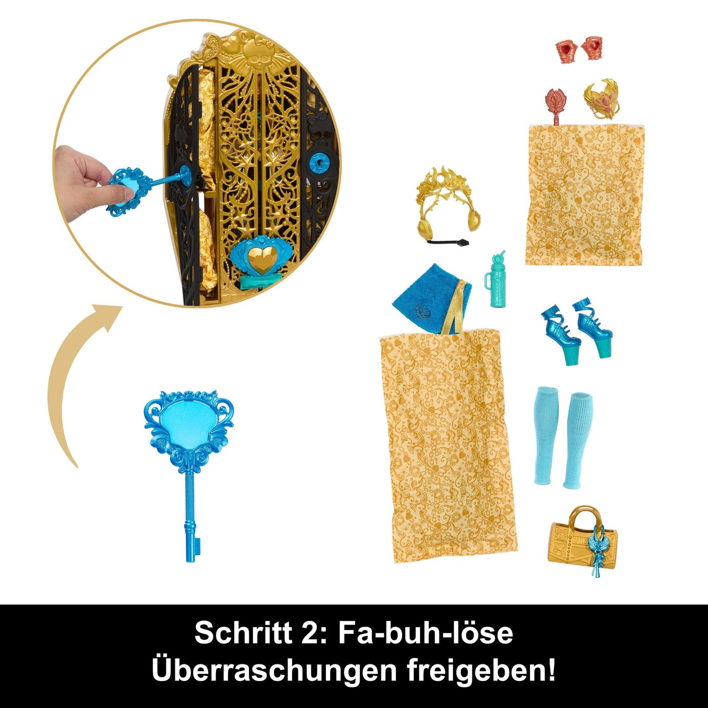 Monster High Skulltimate Secrets doll and accessory set, Monster Mysteries Cleo De Nile with wardrobe and over 19 surprises including clothing, HXH86.