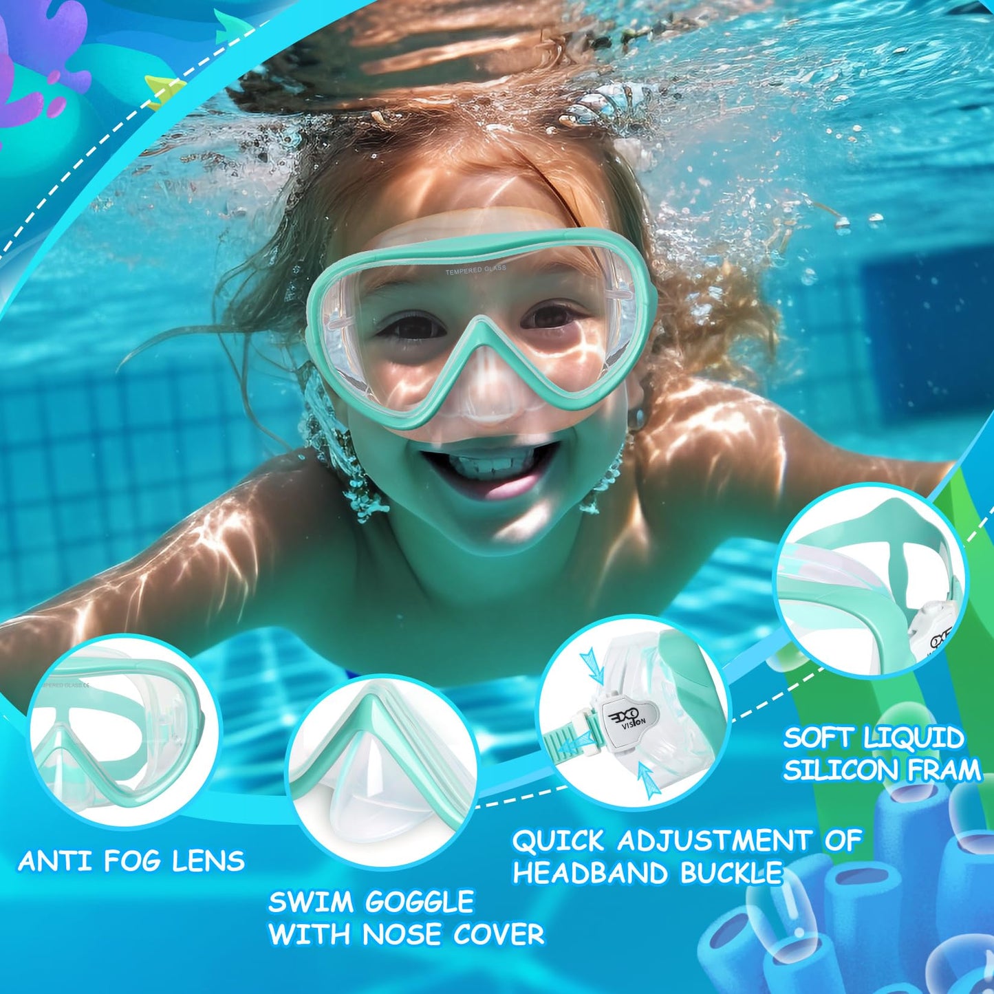 Children's snorkel mask with 180° panoramic view, anti-fog tempered glass, and silicone seal. Ideal for kids aged 4-16. Available in aqua color.