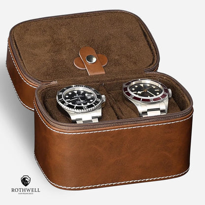 ROTHWELL 2 Watch Travel Case Storage Organizer for 2 Watches | Durable portable protection with zipper for all wristwatches and smartwatches up to 50mm (Tan/Brown)