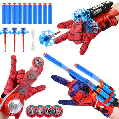 3-pc Spiderman Launcher Glove Set, Spiderman Hero Gloves, Kids Spiderman Hero Gloves with Suction Cup Darts and Frisbee, Super Spiderman Launcher Gloves, Spiderman Web Shooter, Gift for Kids
