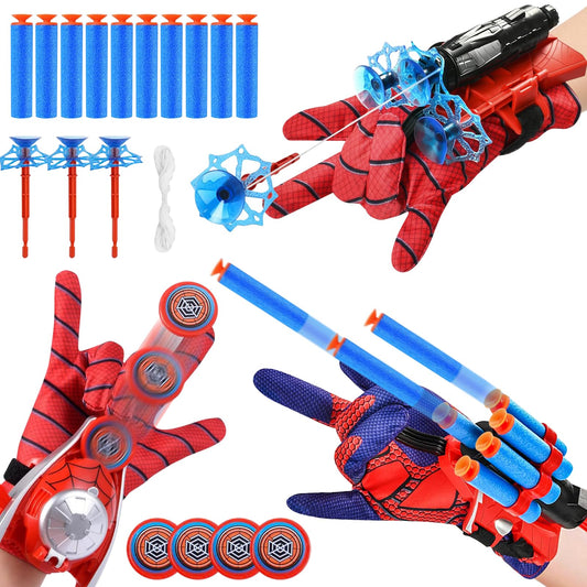 3-pc Spiderman Launcher Glove Set, Spiderman Hero Gloves, Kids Spiderman Hero Gloves with Suction Cup Darts and Frisbee, Super Spiderman Launcher Gloves, Spiderman Web Shooter, Gift for Kids