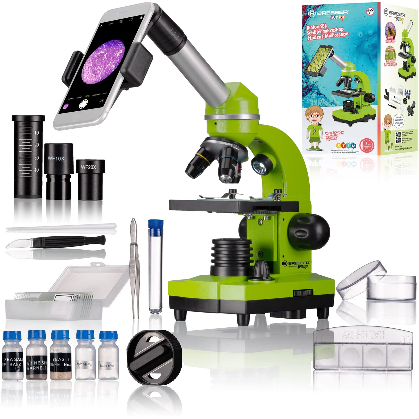 Bresser Junior Student Microscope BIOLUX SEL with smartphone holder, extensive accessories, and Barlow zoom system for children, beginners, and adults, green.