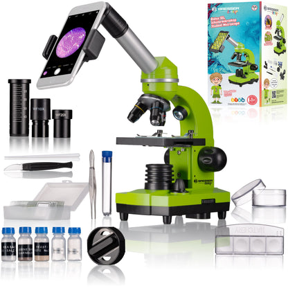 Bresser Junior Student Microscope BIOLUX SEL with smartphone holder, extensive accessories, and Barlow zoom system for children, beginners, and adults, green.