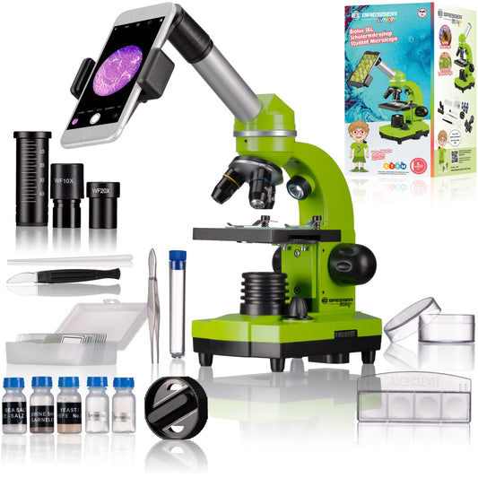 Bresser Junior Student Microscope BIOLUX SEL with smartphone holder, extensive accessories, and Barlow zoom system for children, beginners, and adults, green.