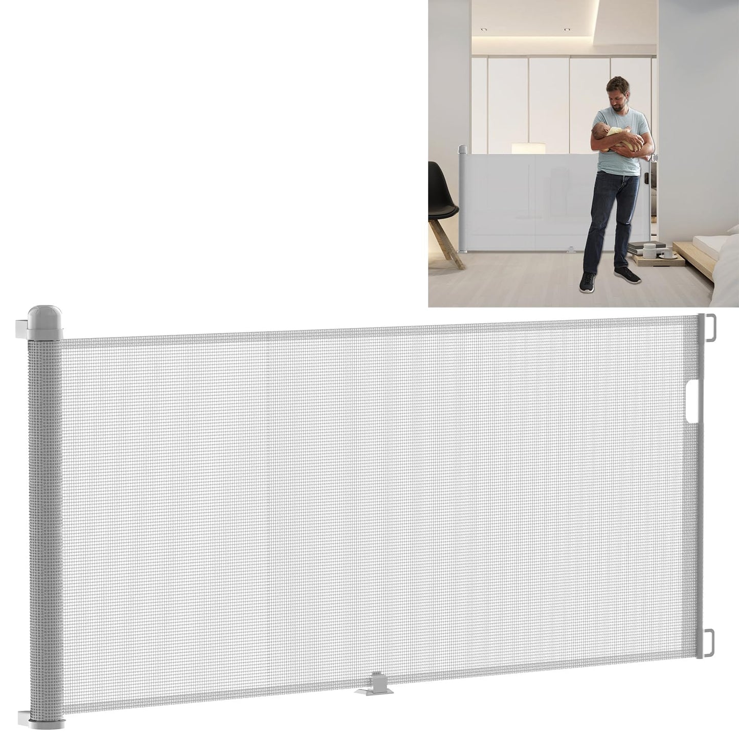 VA-Cerulean Stair Gate Door Gate Retractable for Kids and Baby, 300 cm Lockable Dog Gate Barrier, Stair Gate Pet Barrier, Gray