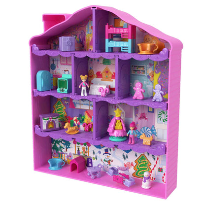 POLLY POCKET Advent Calendar House - 25 surprises, 2 dolls, 27 accessories, gingerbread house design, Christmas tree, skis, for kids ages 4 and up, HKW16