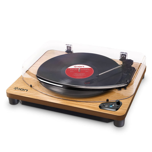 ION Audio Air LP - Vintage USB Bluetooth turntable with three speeds and vinyl to MP3 conversion for Mac/PC, elegant wood finish.