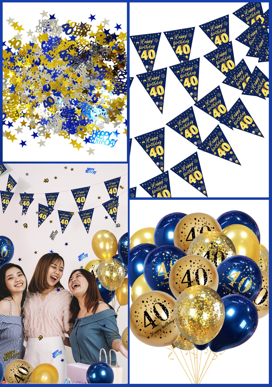 40th Birthday Decorations Banner & Garland - Blue-Gold, Balloons & Confetti