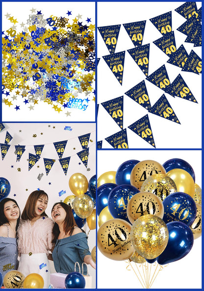40th Birthday Decorations Banner & Garland - Blue-Gold, Balloons & Confetti