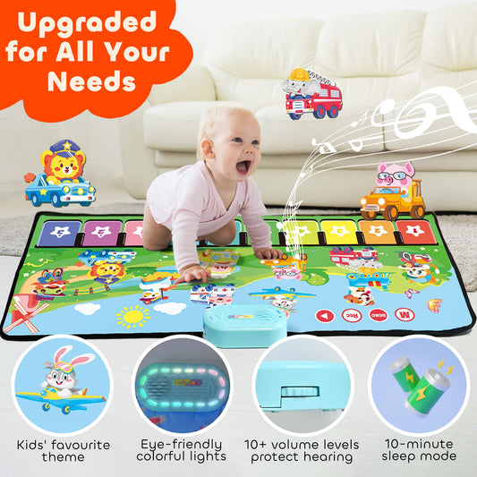 MOMUSE Baby Toy for 1+ year olds with 80 sounds, Large music mat featuring 10 animals & 10 vehicles, Piano mat with soft lights, 10+ volume levels, Gifts for boys girls 1 2 3 (110cm*45cm)