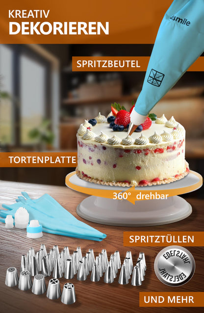 4smile Cake Decorating Set 144 pieces - adjustable cake ring high 20 cm + cake cutter + cake lifter + spreading tool + rotating cake plate + XXL cake decoration set