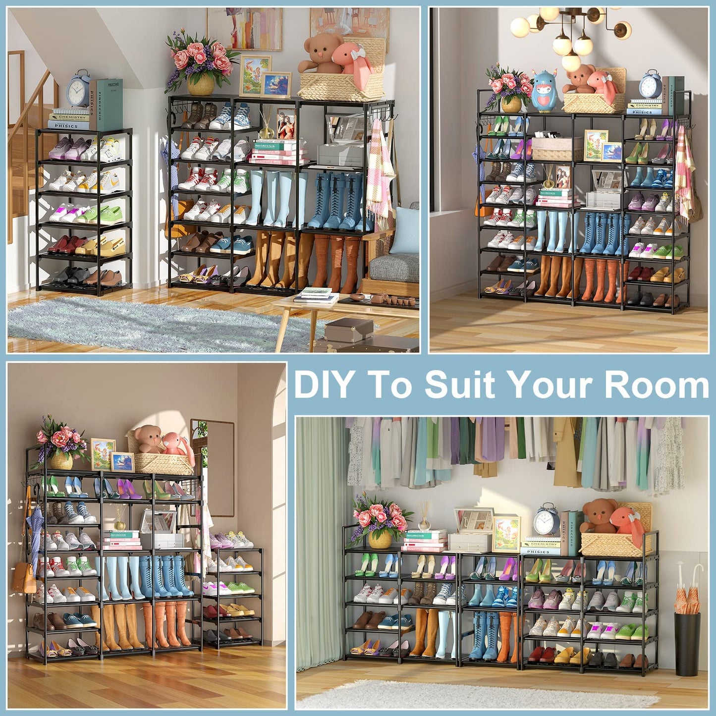 FINEW shoe rack with 9 levels, metal shoe shelves, large shoe rack for 64-72 pairs of shoes storage, 4 rows shoe cabinet with hooks for living room, dressing room, and hallway.