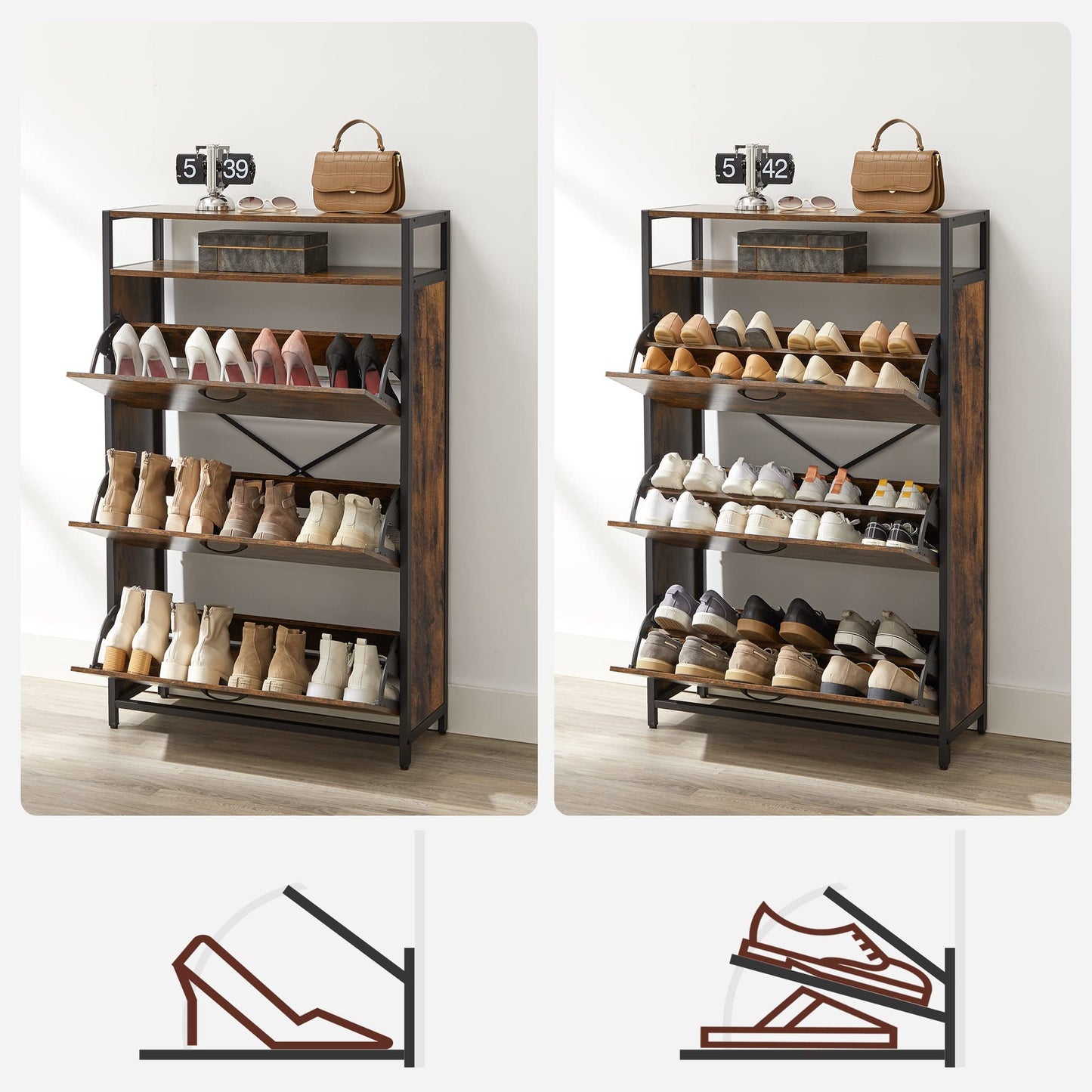 VASAGLE Shoe Cabinet, Slim Shoe Rack, Shoe Cupboard with 3 Flaps, for 15-24 Pairs of Shoes, Space-saving, Dustproof, 30 x 80 x 130 cm, for Hallway, vintage brown-black LBS802B01