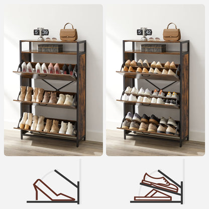 VASAGLE Shoe Cabinet, Slim Shoe Rack, Shoe Cupboard with 3 Flaps, for 15-24 Pairs of Shoes, Space-saving, Dustproof, 30 x 80 x 130 cm, for Hallway, vintage brown-black LBS802B01